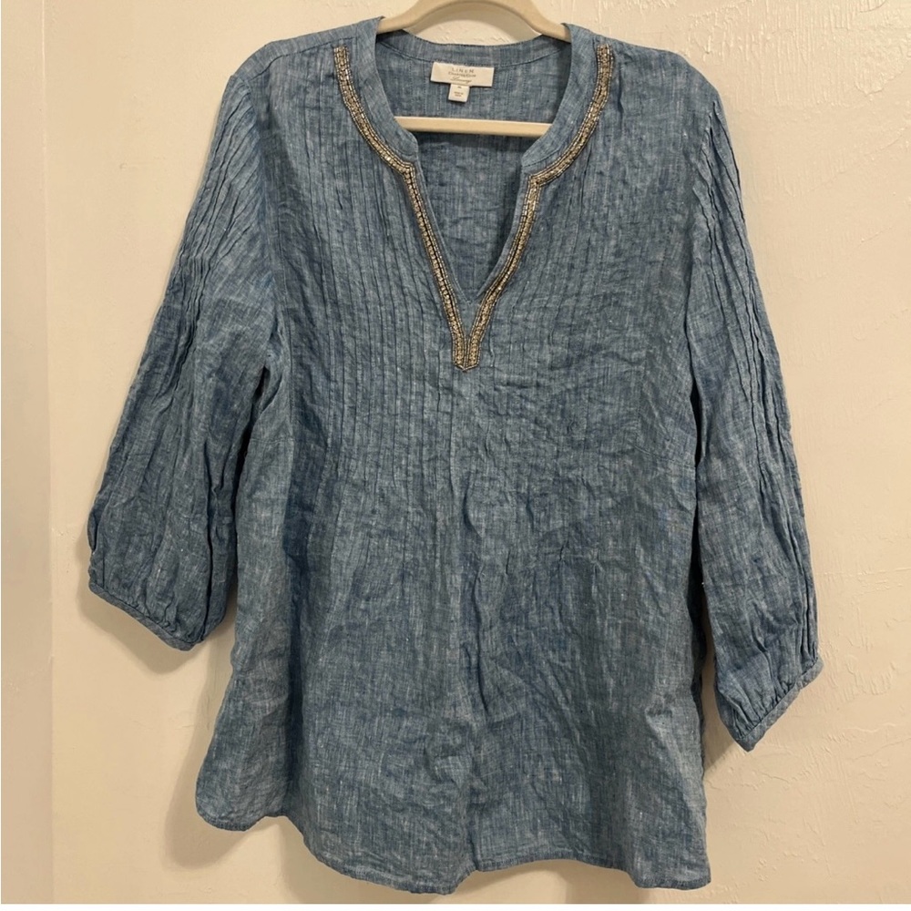 Charter Club Women’s 100%
Linen‎ Luxury Sparkly Blue Top Blouse Tunic XL